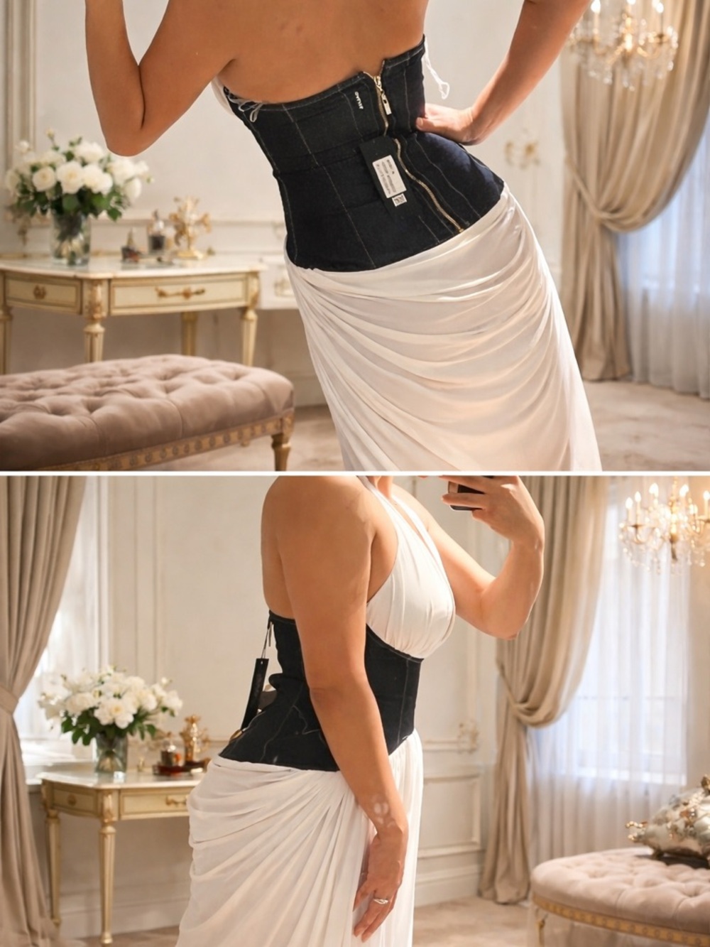 White Halter Gown with Navy Waist Corset - Picture 3 of 4